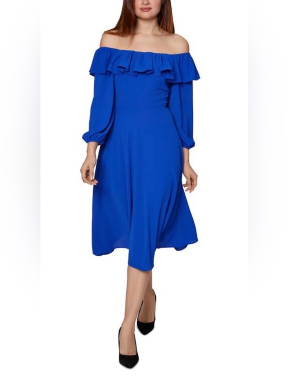 BCBGeneration One-Shoulder Ruffle Midi Dress in Royal Blue